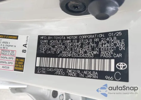 2025 Toyota Corolla Hybrid Le z USA, uszkodzony, nr VIN JTDBCMFE5SJ043353